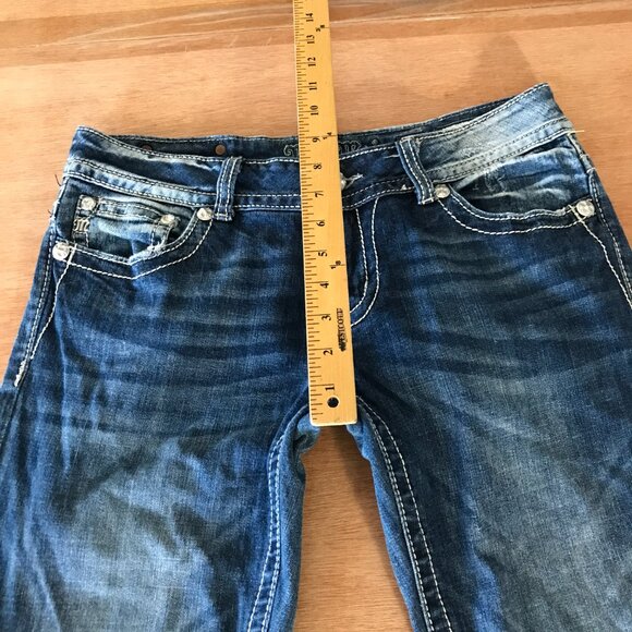 Miss Me Bootcut Jeans Women 31 Blue Low Rise Rhinestone Flap Pocket Thick Stitch - Picture 8 of 16